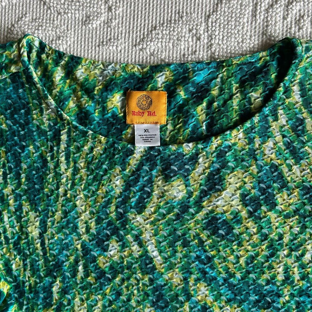 Ruby Rd Crinkled Knit Top XL Green Blue Art Deco Stretch 3/4 Sleeve Cottagecore - Picture 2 of 9